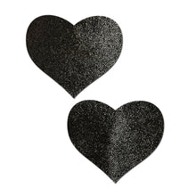 Load image into Gallery viewer, everyday reusable liquid black heart with mini hearts reusable nipple pasties by pastease everyday. Two black shimmer heart pasties on a white background. Perfect for a festival, pride, burlesque performance, only fans content or a party.

