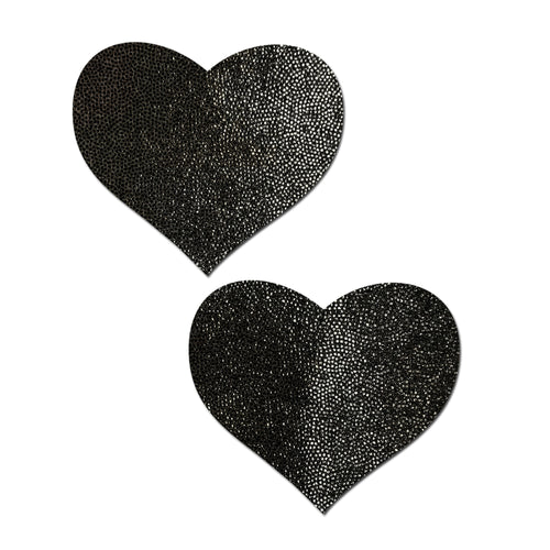everyday reusable liquid black heart with mini hearts reusable nipple pasties by pastease everyday. Two black shimmer heart pasties on a white background. Perfect for a festival, pride, burlesque performance, only fans content or a party.