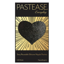 Load image into Gallery viewer, Everyday Reusable liquid black heart with mini hearts reusable nipple pasties by pastease everyday o/s on the pastease everyday black and gold packaging backing card. Perfect for a festival, pride, burlesque performance, only fans content or a party.
