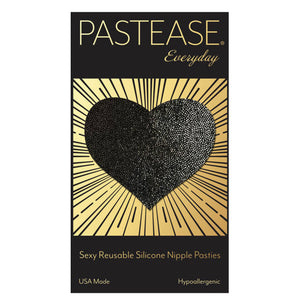 Everyday Reusable liquid black heart with mini hearts reusable nipple pasties by pastease everyday o/s on the pastease everyday black and gold packaging backing card. Perfect for a festival, pride, burlesque performance, only fans content or a party.