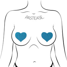 Load image into Gallery viewer, The Love: Blue &#39;Bride&#39; Heart Nipple Pasties by Pastease shown on a femme body outline for size reference on a white background.
