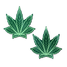 Load image into Gallery viewer, Indica Pot Leaf: Green Weed Pasties by Pastease® o/s. Two green weed shaped nipple covers on a white background. Perfect for a festival, pride, burlesque performance, only fans content or a party.
