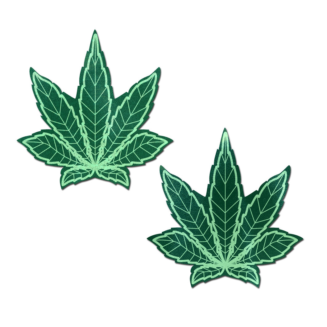 Indica Pot Leaf: Green Weed Pasties by Pastease® o/s. Two green weed shaped nipple covers on a white background. Perfect for a festival, pride, burlesque performance, only fans content or a party.
