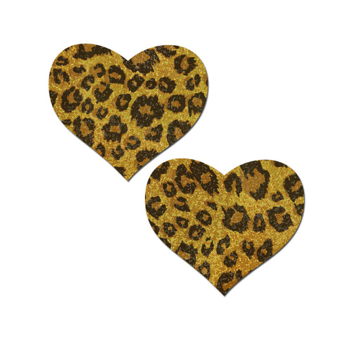Love: Glittering Gold Leopard Print Heart Nipple Pasties by Pastease. Two heart shaped nipple covers in sparkly gold with brown leopard print all over shown on a white background. Perfect for a festival, pride, burlesque performance, only fans content or a party.