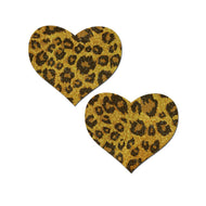 Love: Glittering Gold Leopard Print Heart Nipple Pasties by Pastease. Two heart shaped nipple covers in sparkly gold with brown leopard print all over shown on a white background. Perfect for a festival, pride, burlesque performance, only fans content or a party.