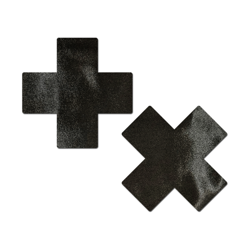 Plus X: Liquid Black Cross Nipple Pasties by Pastease®. Two shiny shimmer black plus x cross nipple covers on a white background. Perfect for a festival, pride, burlesque performance, only fans content or a party.