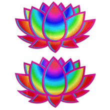 Load image into Gallery viewer, Lotus: Acid Rainbow Lotus Nipple Pasties by Pastease. Two bright neon rainbow lotus flower nipple covers on a white background. Perfect for a festival, pride, burlesque performance, only fans content or a party.
