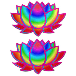 Lotus: Acid Rainbow Lotus Nipple Pasties by Pastease. Two bright neon rainbow lotus flower nipple covers on a white background. Perfect for a festival, pride, burlesque performance, only fans content or a party.