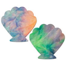 Load image into Gallery viewer, Mermaid: J. Valentine® Pastel Tie-Dye Rainbow Seashell Nipple Pasties by Pastease® o/s. Two pastel rainbow tie dye mermaid sea shell nipple covers on a white background. Perfect for a festival, pride, burlesque performance, only fans content or a party.
