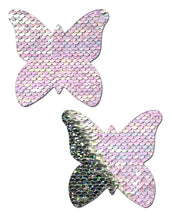 Load image into Gallery viewer, Monarch: J. Valentine® Pearl to Silver Flip Sequin Butterfly Nipple Pasties by Pastease®
