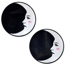 Load image into Gallery viewer, Moon: Black and White Man in the Moon Nipple Pasties by Pastease. Two crescent moon with pink blush on black circle nipple covers on a white background. Perfect for a festival, pride, burlesque performance, only fans content or a party.
