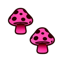 Load image into Gallery viewer, The Mushroom: Neon Pink Shroom Nipple Pasties by Pastease. Two pink and black glittery mushroom nipple covers on a white background. Perfect for a festival, pride, burlesque performance, only fans content or a party.
