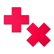 The Plus X: Neon Red (Blacklight Reactive) Cross Nipple Pasties by Pastease. Two neon Red Cross Plus X nipple covers on a white background. Perfect for a festival, pride, burlesque performance, only fans content or a party.