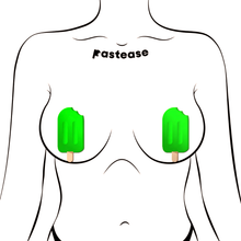 Load image into Gallery viewer, Popsicle: Lime Green Ice Pop Nipple Pasties by Pastease®. Neon green ice pop pole lolly with a brown stick nipple covers shown on a femme body outline for size reference on a white background.
