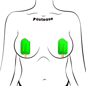 Popsicle: Lime Green Ice Pop Nipple Pasties by Pastease®. Neon green ice pop pole lolly with a brown stick nipple covers shown on a femme body outline for size reference on a white background.