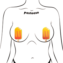 Load image into Gallery viewer, Popsicle: Orange Ice Pop Pasties by Pastease® o/s. Two orange creamsicle ice pop pole lolly with a brown stick nipple covers shown on a femme body outline for size reference on a white background.
