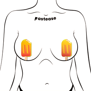 Popsicle: Orange Ice Pop Pasties by Pastease® o/s. Two orange creamsicle ice pop pole lolly with a brown stick nipple covers shown on a femme body outline for size reference on a white background.