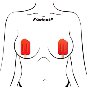 Popsicle: Cherry Red Ice Pop Pasties by Pastease®. Two cherry red ice pop pole lolly with a brown stick nipple covers shown on a femme body outline for size reference on a white background.
