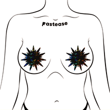 Load image into Gallery viewer, Sunburst: Black Shattered Glass Disco Ball Nipple Pasties by Pastease. Two black iridescent nipple covers shown on a femme body outline for size reference on a white background
