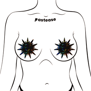 Sunburst: Black Shattered Glass Disco Ball Nipple Pasties by Pastease. Two black iridescent nipple covers shown on a femme body outline for size reference on a white background