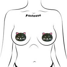 Load image into Gallery viewer, Kitty Cat: Happy Black Glitter Nipple Pasties by Pastease shown on a femme body outline for size reference on a white background.
