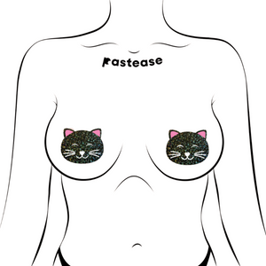 Kitty Cat: Happy Black Glitter Nipple Pasties by Pastease shown on a femme body outline for size reference on a white background.