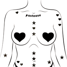 Load image into Gallery viewer, Pastease Confetti: Liquid Black Baby Heart &amp; Star Body Pasties by Pastease®. Mini shiny black hearts and stars body stickers shown on a femme body outline for size reference on a white background.

