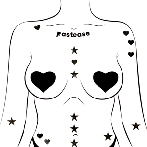 Pastease Confetti: Liquid Black Baby Heart & Star Body Pasties by Pastease®. Mini shiny black hearts and stars body stickers shown on a femme body outline for size reference on a white background.