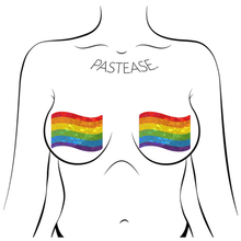 Load image into Gallery viewer, Flag: Gay Rainbow Waving Flag Pride Pasties by Pastease® o/s. Two rainbow pride flag shaped nipple covers on a white background. Perfect for a festival, pride, burlesque performance, only fans content or a party.
