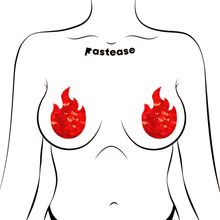 Load image into Gallery viewer, Flame: Red Fire Nipple Pasties by Pastease shown on a femme body outline for size reference on a white background.
