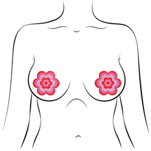 Load image into Gallery viewer, Daisy: Red &amp; Pink Glitter Velvet Pasties by Pastease® o/s. Two pink and red glittery Daisy shaped nipple covers shown on a femme body outline for size reference on a white background.
