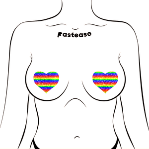 Love: Glittering Double Rainbow Heart Pasties by Pastease. Two glittery rainbow heart shaped nipple covers shown on a femme body outline on a white background.