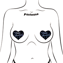 Load image into Gallery viewer, Love: Happy Anniversary Heart Pasties by Pastease®. Two glittery black heart shaped nipple covers with silver italic font reading happy anniversary and stars shown on a femme body outline for size reference on a white background.

