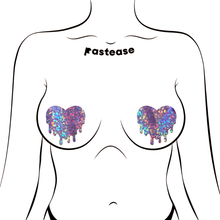 Load image into Gallery viewer, Melty Heart: Lilac Iridescent Nipple Pasties by Pastease shown on a femme body outline for size reference on a white background.
