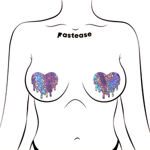 Melty Heart: Lilac Iridescent Nipple Pasties by Pastease shown on a femme body outline for size reference on a white background.