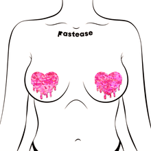 Load image into Gallery viewer, Melty Heart: Pink Iridescent Nipple Pasties by Pastease shown on a femme body outline for size reference on a white background.
