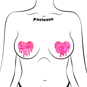 Melty Heart: Pink Iridescent Nipple Pasties by Pastease shown on a femme body outline for size reference on a white background.