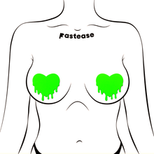 Load image into Gallery viewer, Melty Heart: Neon Green Nipple Pasties by Pastease. Two neon green drippy heart shaped nipple covers shown on a femme body outline for size reference on a white background.
