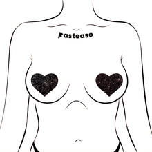 Load image into Gallery viewer, Love: Sparkle Velvet Heart Nipple Pasties by Pastease shown on a femme body outline for size reference on a white background.
