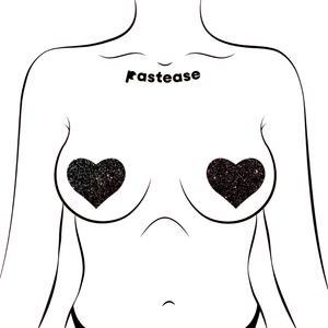 Love: Sparkle Velvet Heart Nipple Pasties by Pastease shown on a femme body outline for size reference on a white background.