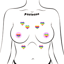 Load image into Gallery viewer, Body minis: 10 Rainbow Hearts Nipple Pasties by Pastease. Ten mini rainbow striped heart shape body stickers shown on a femme body outline for size reference on a white background.
