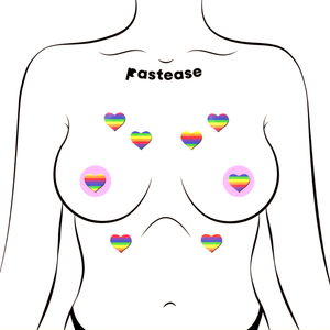 Body minis: 10 Rainbow Hearts Nipple Pasties by Pastease. Ten mini rainbow striped heart shape body stickers shown on a femme body outline for size reference on a white background.