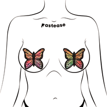 Load image into Gallery viewer, Monarch: Glitter Pastel Rainbow Butterfly Pasties by Pastease® o/s. Two glittery pastel rainbow tie dye butterfly shaped nipple covers shown on a femme body outline for size reference on a white background. 
