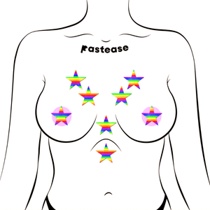 Body Minis: 10 Mini Rainbow Star Nipple & Body Pasties by Pastease®. Ten mini rainbow stars body stickers shown on a femme body outline for size reference on a white background.