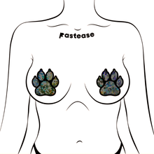 Load image into Gallery viewer, Paw Print on Shattered Glass Iridescent Black &amp; Silver Nipple Pasties by Pastease. Two iridescent paw shaped nipple covers with a black outline shown on a femme body outline for size reference on a white background.
