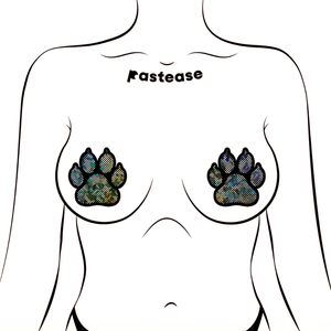 Paw Print on Shattered Glass Iridescent Black & Silver Nipple Pasties by Pastease. Two iridescent paw shaped nipple covers with a black outline shown on a femme body outline for size reference on a white background.