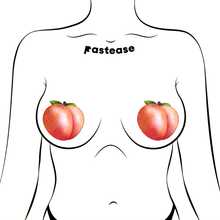 Load image into Gallery viewer, Peach: Fuzzy Sparkling Georgia Peaches Pasties by Pastease® o/s. Two glittery peach fruit nipple covers in orange pink with green leaves shown on a femme body outline for size reference on a white background.
