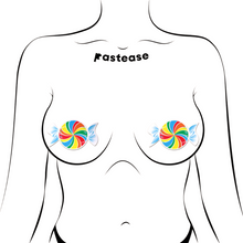 Load image into Gallery viewer, Candy: Rainbow Swirl Nipple Pasties by Pastease. Two sweet shaped nipple covers shown on a femme body outline for size reference on a white background.
