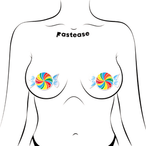Candy: Rainbow Swirl Nipple Pasties by Pastease. Two sweet shaped nipple covers shown on a femme body outline for size reference on a white background.