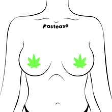 Load image into Gallery viewer, Petites: Two-Pair of Small (Glow-In-The-Dark) Pot Leaf Nipple Pasties by Pastease®. Four petite neon green cannabis weed leaf shaped nipple covers shown on a femme body outline for size reference on a white background. 
